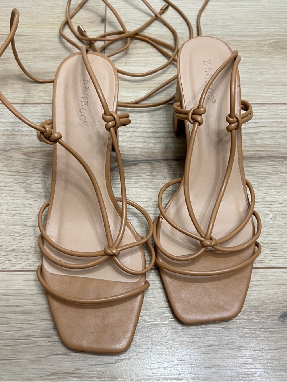 BAMBOO Tan Strappy Lace-Up Sandals